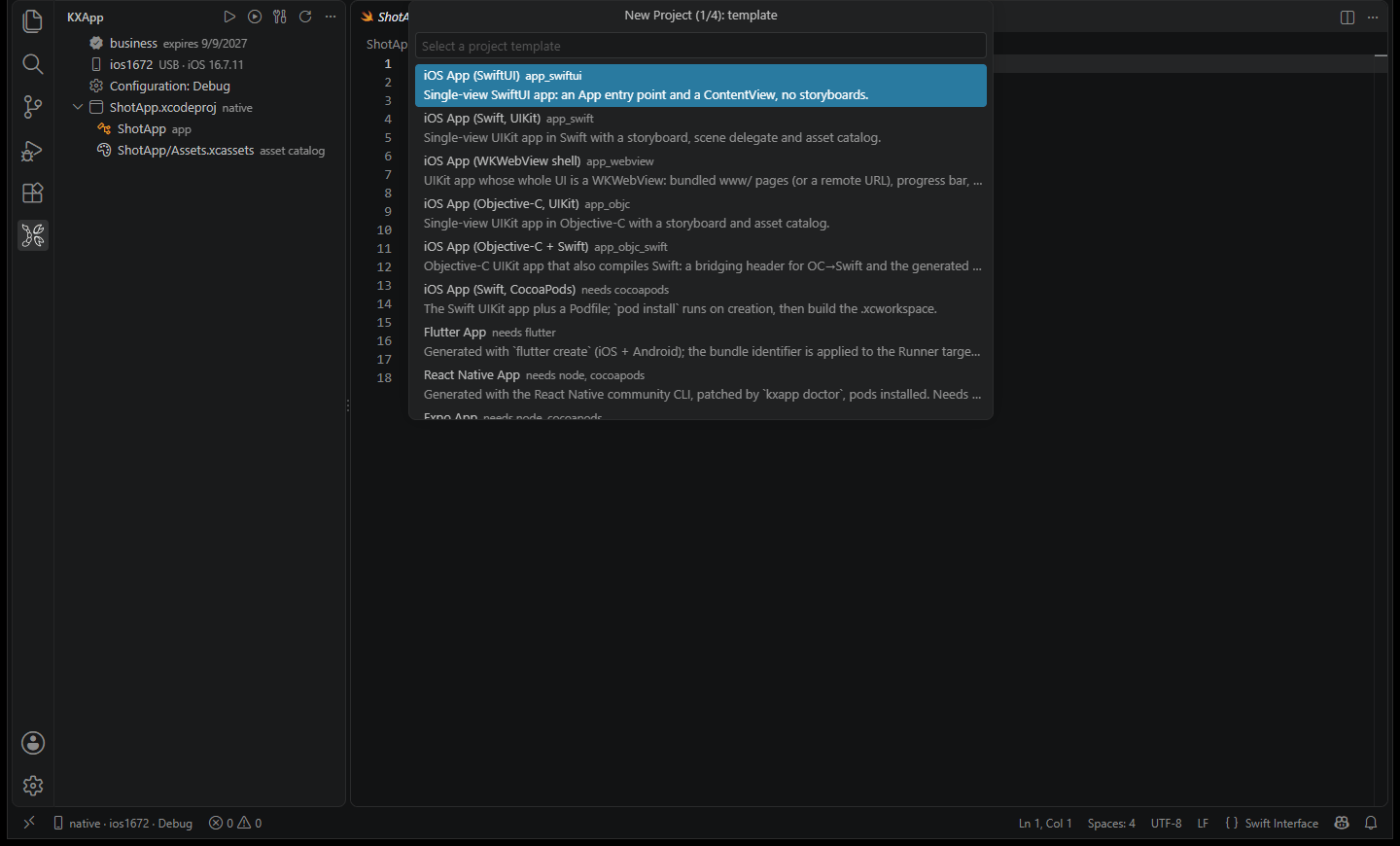 Template list in the New Project wizard